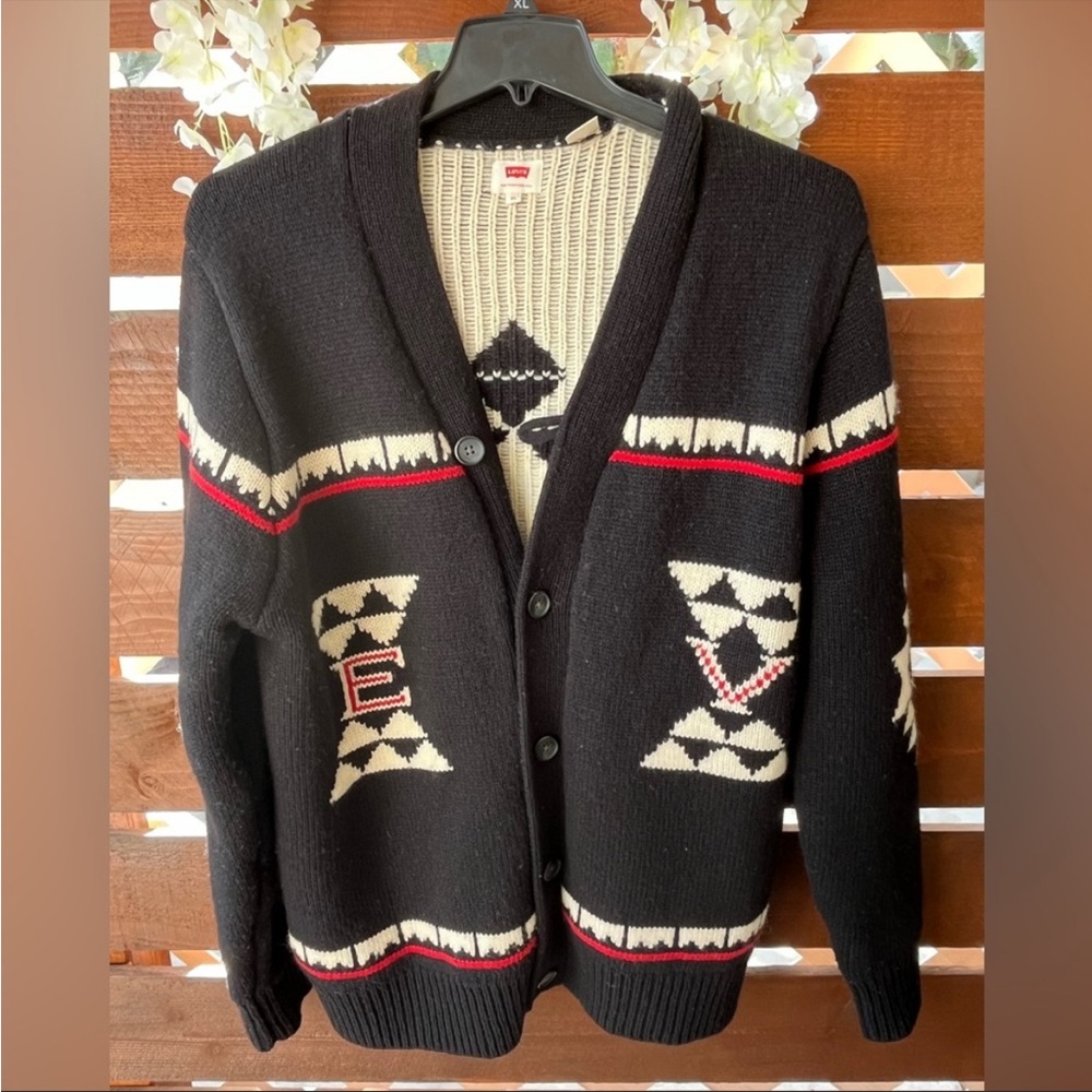 Mens LEVIS 100% Wool Button Aztec Cardigan Shawl Old Man Sweater Jacket XL